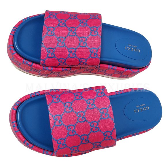 GUCCI SHOES GG SUPREME CANVAS JOY FUCHSIA PLATFORM SLIDE - Picture 4 of 15